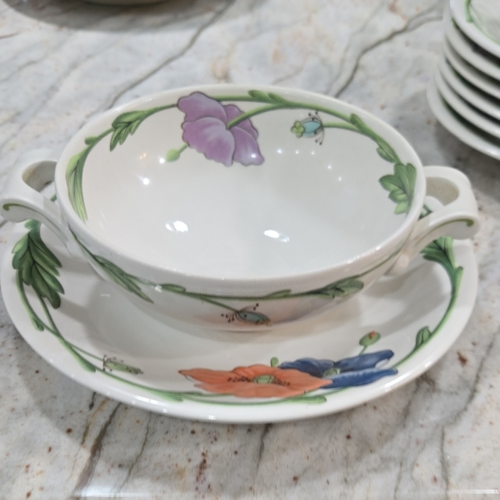 Set Of 4- Villeroy And Boch Soup Bowl with Handles Plus Add. Saucers